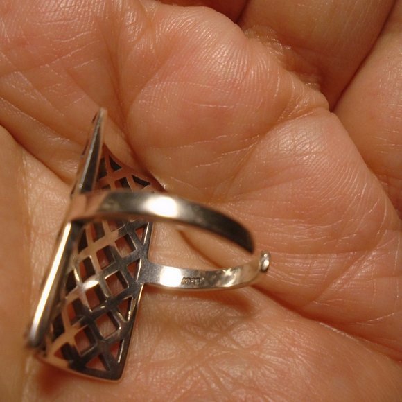 Big Bold Adjustable 925 Sterling Silver Geometric Rectangular Lattice Mesh Ring - Picture 6 of 7